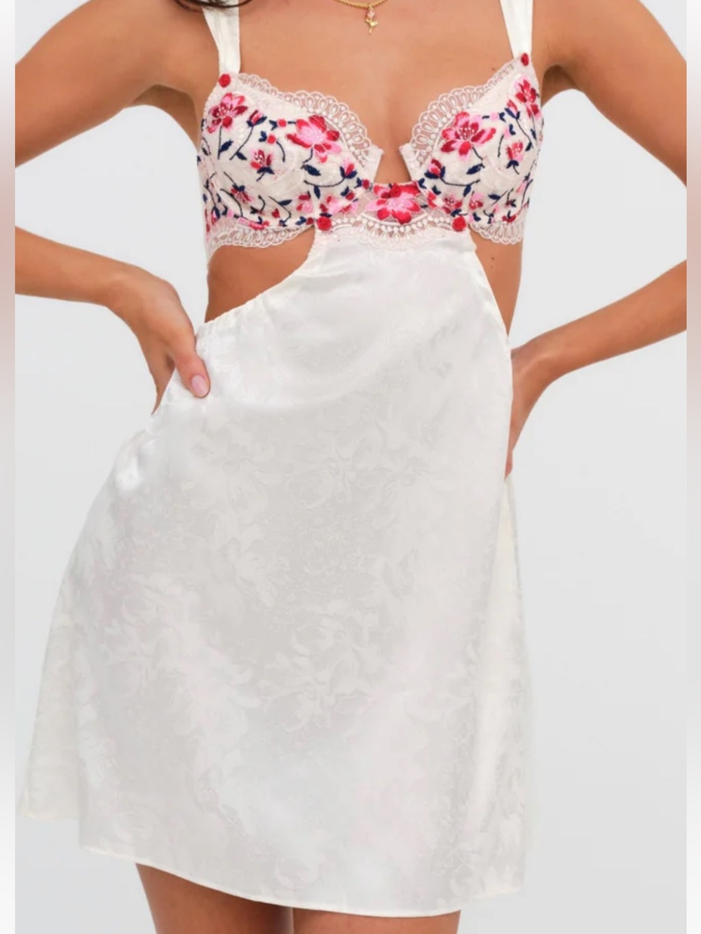 For Love And Lemons Ivory Slip Dress with Pink & Red Floral Lace NWOT XL